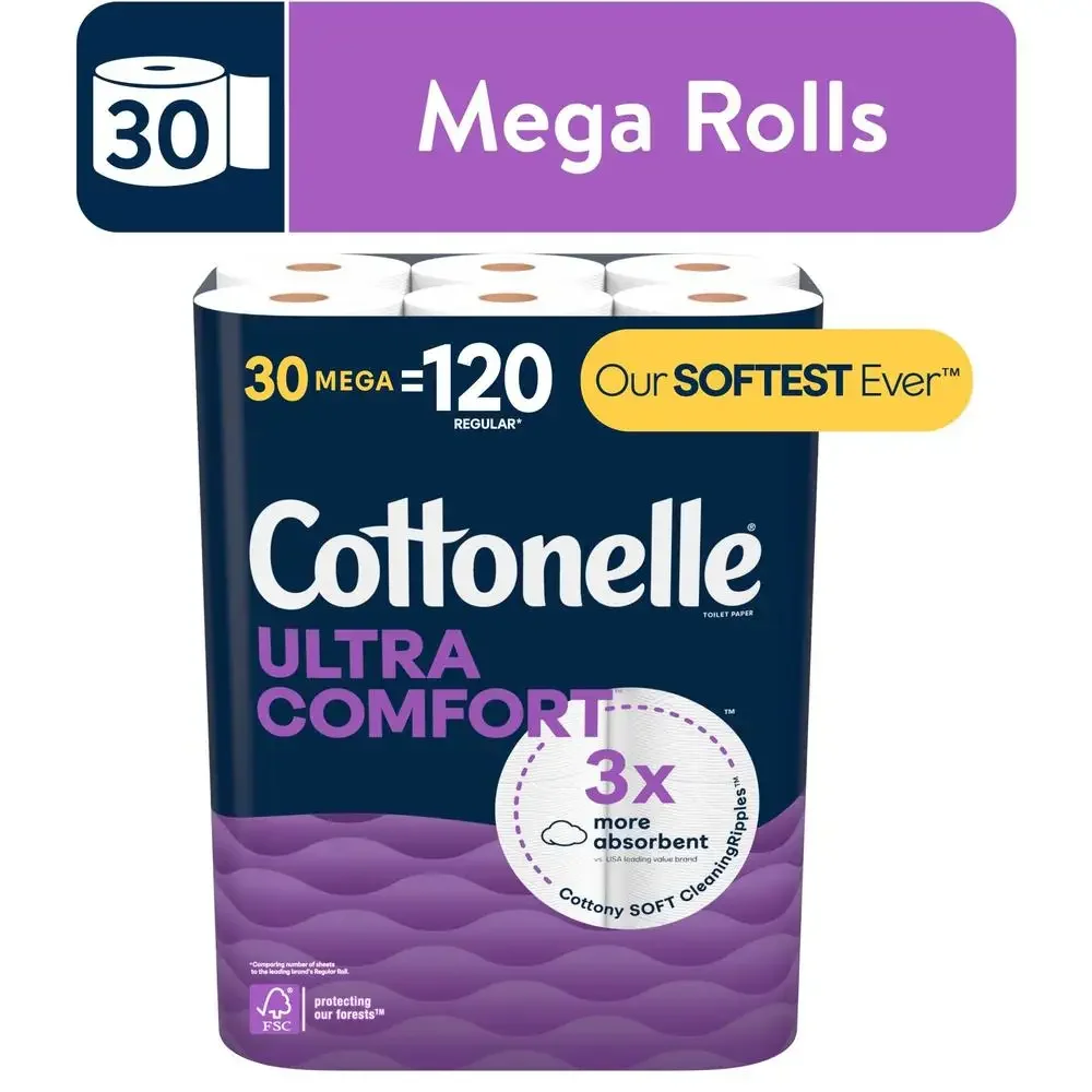 

Ultra Comfort 2-Ply Toilet Paper Mega Rolls 30 Rolls 7320 Sheets Clog-Free Dissolving Unscented Soft CleaningRipples Absorbent