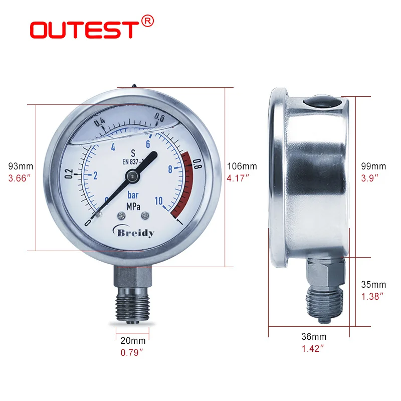 OUTEST Stainless Steel pressure gauge G 1/4 G1/2 Oil Hydraulic air water Vacuum Manometer 0-60mpa Diameter 100mm YN100