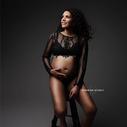 Maternity Lace Top with Round Neck Long Sleeves Zipper Detail Ideal for Photography Shoots and Sexy Looks