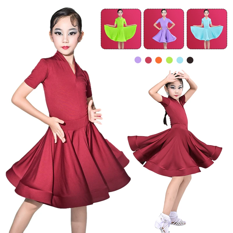 Long Short Sleeves Children Latin Dance Costume for Professional Competition Girls' Large Swing Dress Latin Training Performance