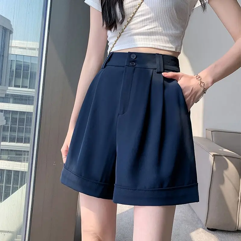 

2025 Summer New Office Lady Simplicity Solid Color High Waist Shorts Women Clothes Casual Korean Pocket Slim Straight Female