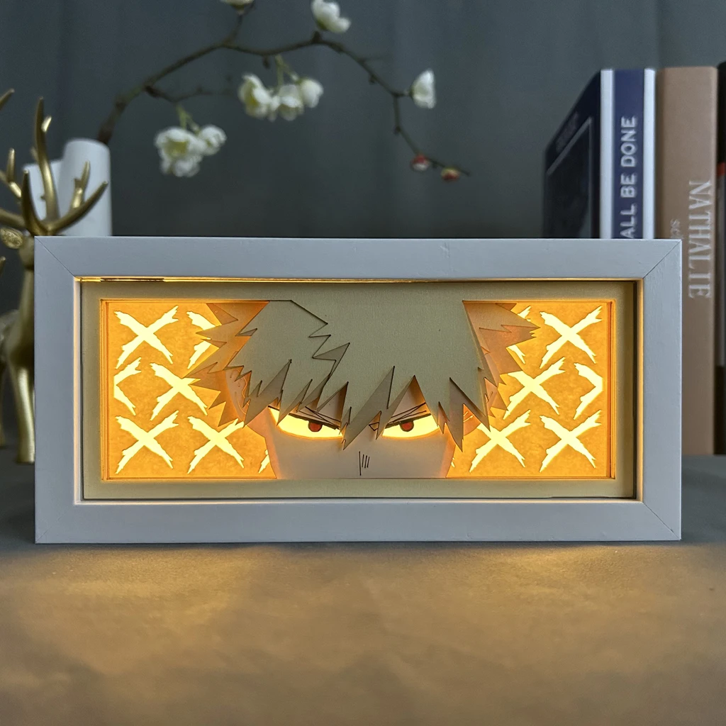 Figuras de Anime My Hero Academia Bakugo, caja de luz para decoración de habitación, Manga, tallado de papel, mesa, lámpara de escritorio,