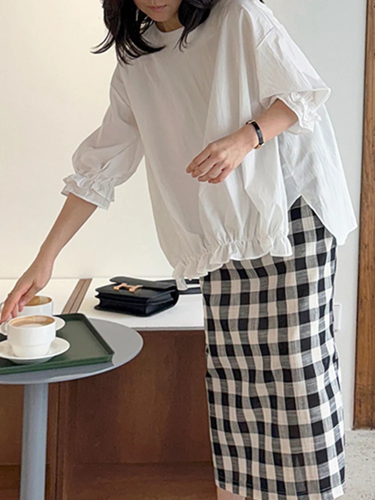 Sweet Style Loose Fit Cotton Blend Shirt Women's Overhead Seven Sleeve Princess Sleeve round Neck Commute Top C127