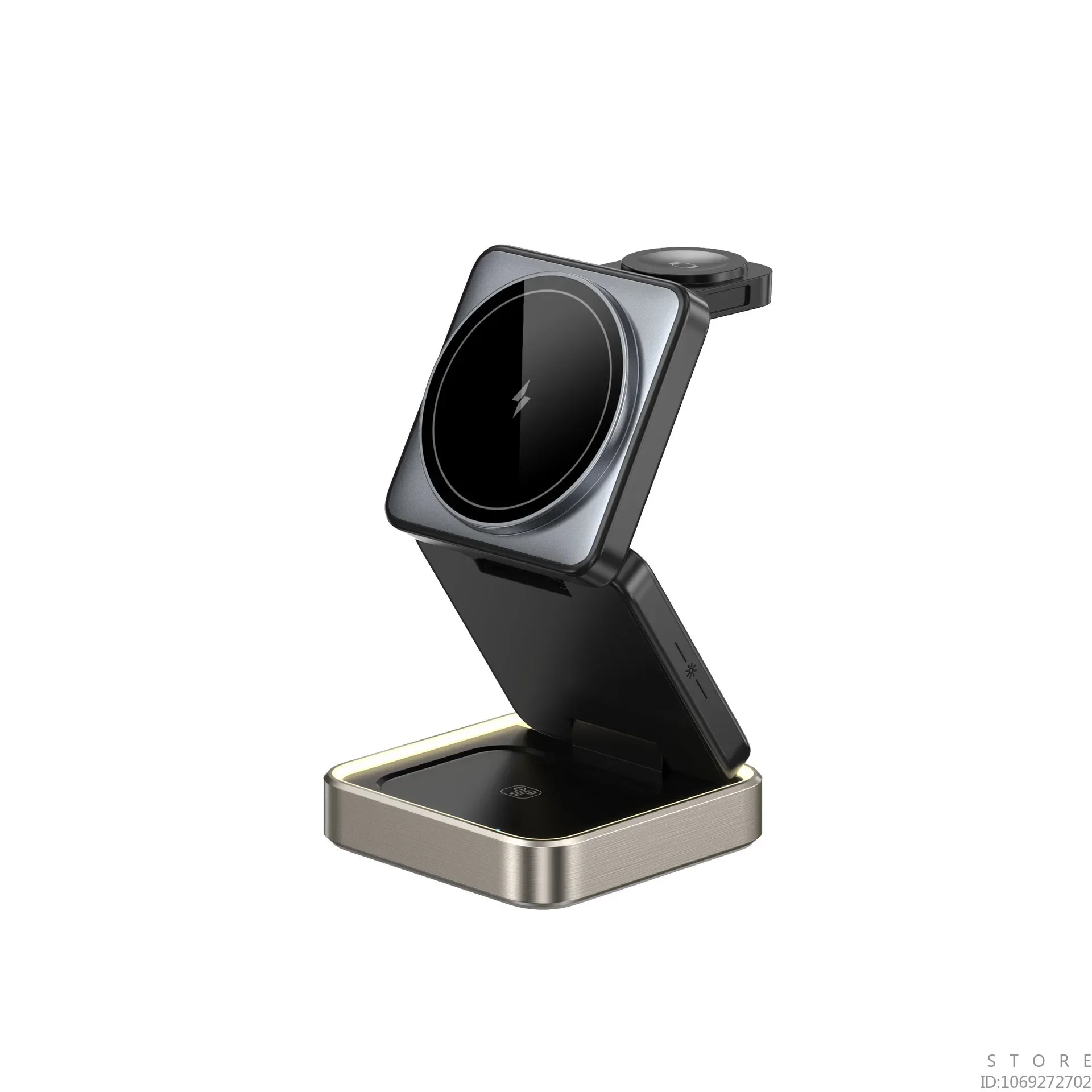 

Foldable Magnetic 3 in1 Wireless Charger Metal Base with Ambient Light for Phone,Earphone,Watch 3 Devices Charger Simultaneously