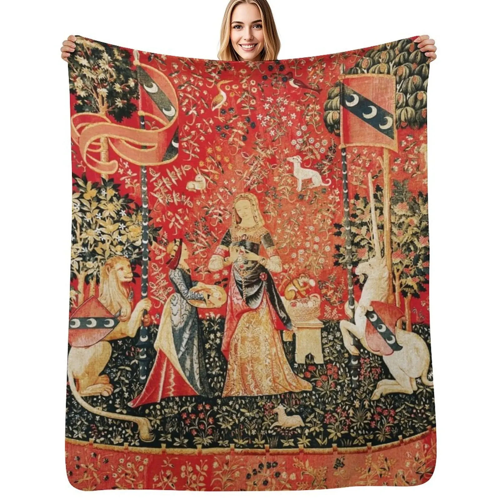 LADY AND UNICORN ,SMELL ,Lion,Fantasy Flowers,Animals Red Green Floral Throw Blanket Fashion Sofas wednesday halloween Blankets