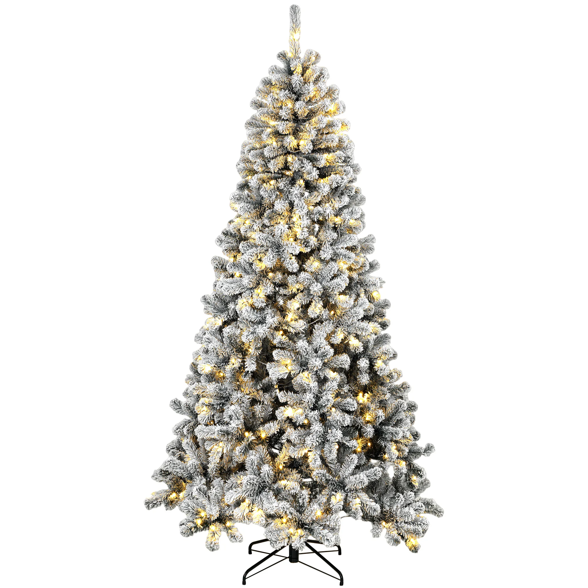 HOMCOM 7.5ft Flocked Prelit Christmas Tree, Northern Pine, Artificial Xmas Tree with 1201 Curved Tips, 350 LEDs, Foldable Steel Base, Green White