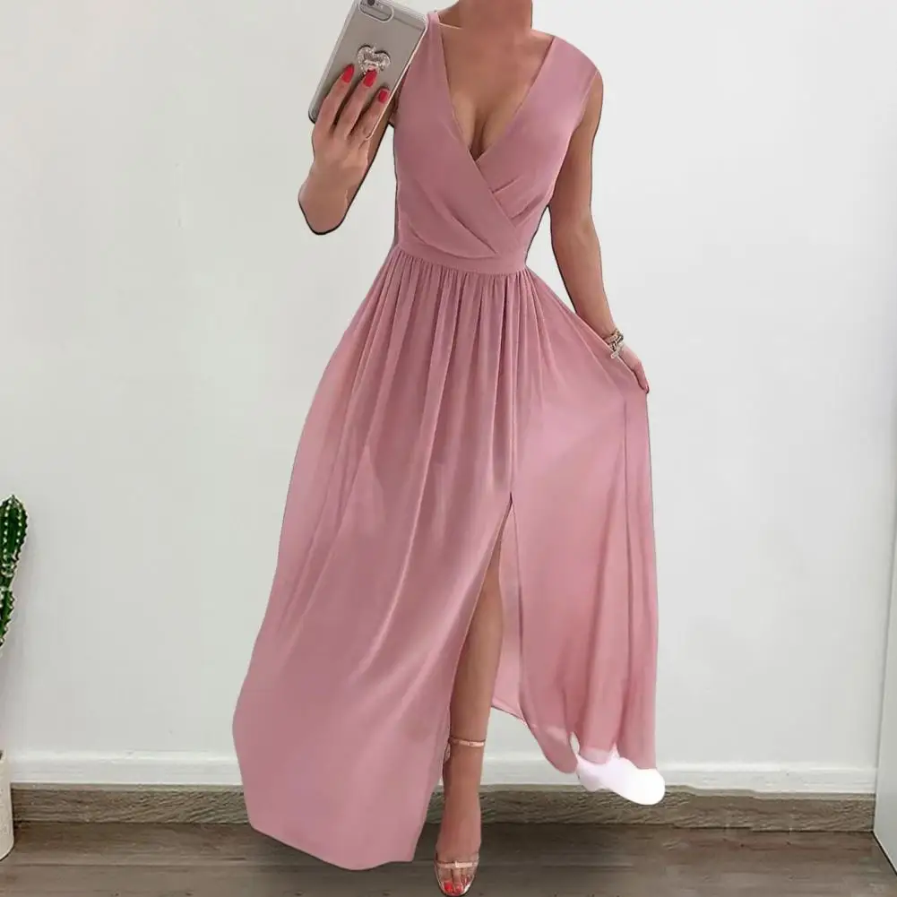 Loose Fit Dress Nipped-in Waist Dress Elegant V Neck Pleated Maxi Dress for Women Floor Length Evening for Wedding for Special