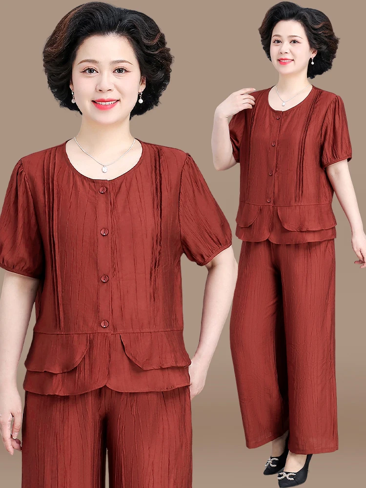 

Casual Cotton Linen Women's Summer irt ort Sve Two-Piece Set Faionable Momwear Loose Fit Long Pants round Ne