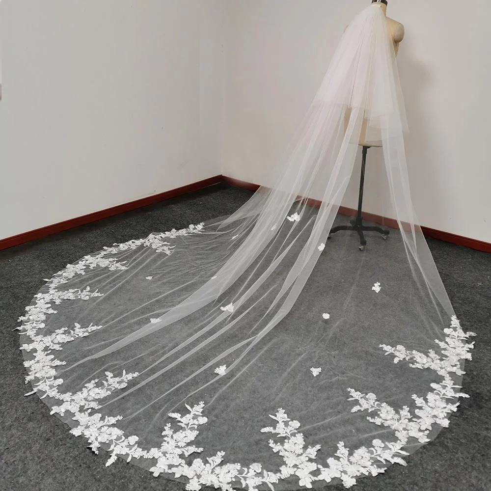 Customized Real Photos Long Lace Wedding Veil with Blusher 2 Tiers 3m/3.5m/4m/5m Bridal Veil with Comb Wedding Accessories