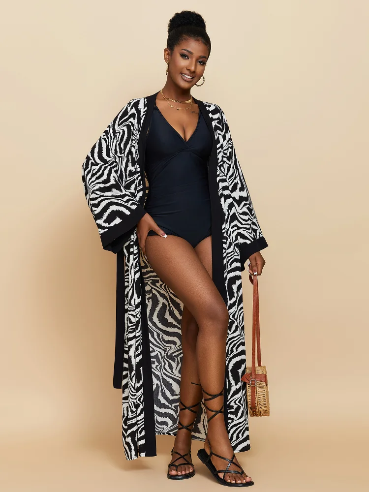 Zebra Beach Kimono Swimsuit Cover Ups for Swimwear Women Printed Self Belted Summer Long Cape Bathing Suits Sales