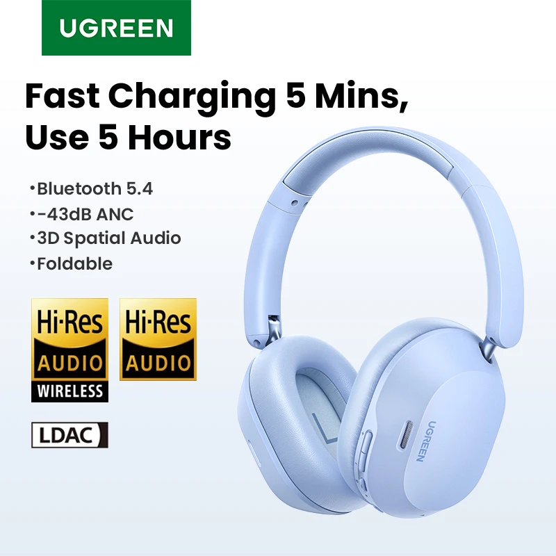 UGREEN Max5c Wireless Bluetooth Headphones 43dB Hybrid Active Noise Cancellation Hi-Res LDAC 75H Spatial Audio Earbuds Headset