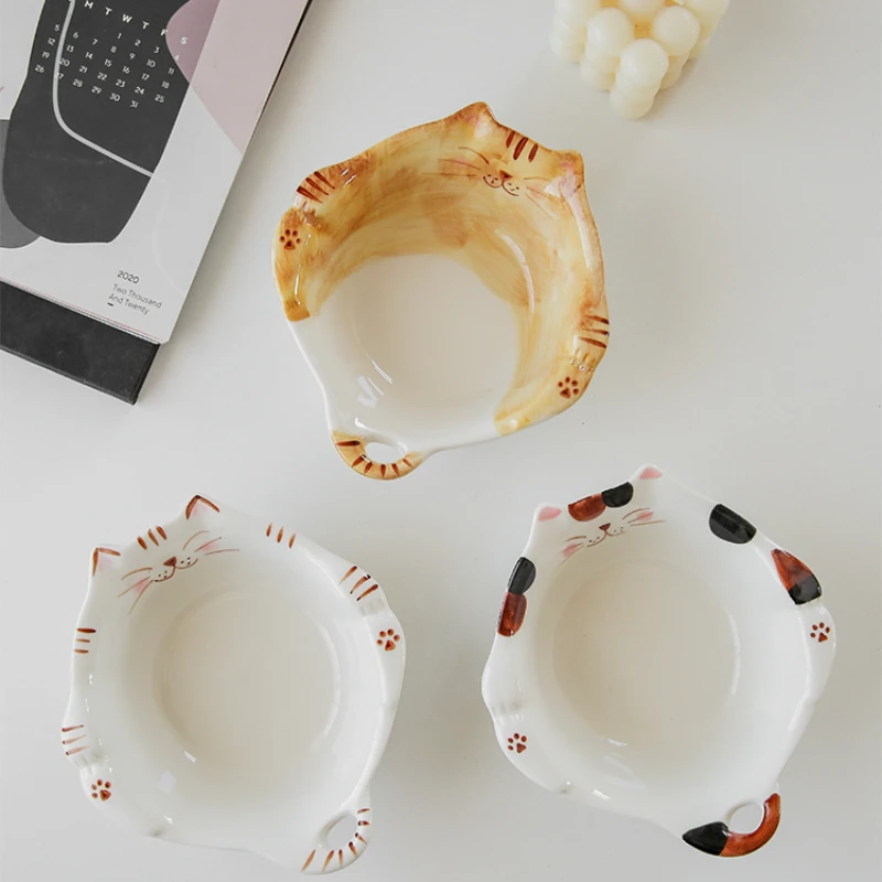 

Japanese cute painted ceramic underglaze color cat bowl rice bowl fruit salad bowl noodles bowl.