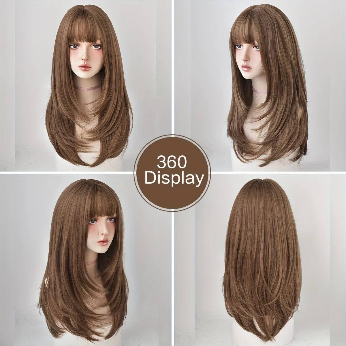 

Daily Wig Long Straight Hair Honey Brown with Bangs High Density Fluffy Wig Heat-Resistant Synthetic Wig