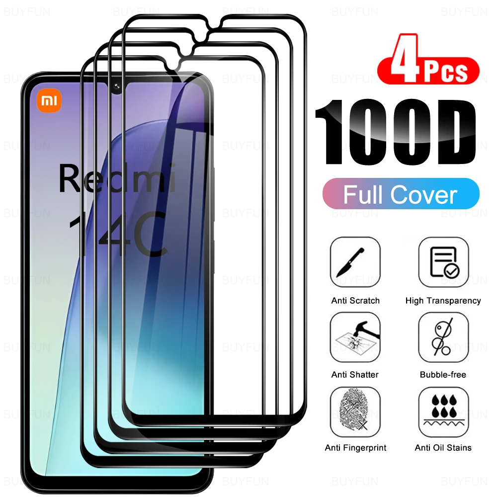 4Pcs Full Glass Screen Protector For Xiaomi Redmi 14C Black Edge 9H Protective Film Readme Redmy Radmi 14 C C14 6.88'' Redmi14C