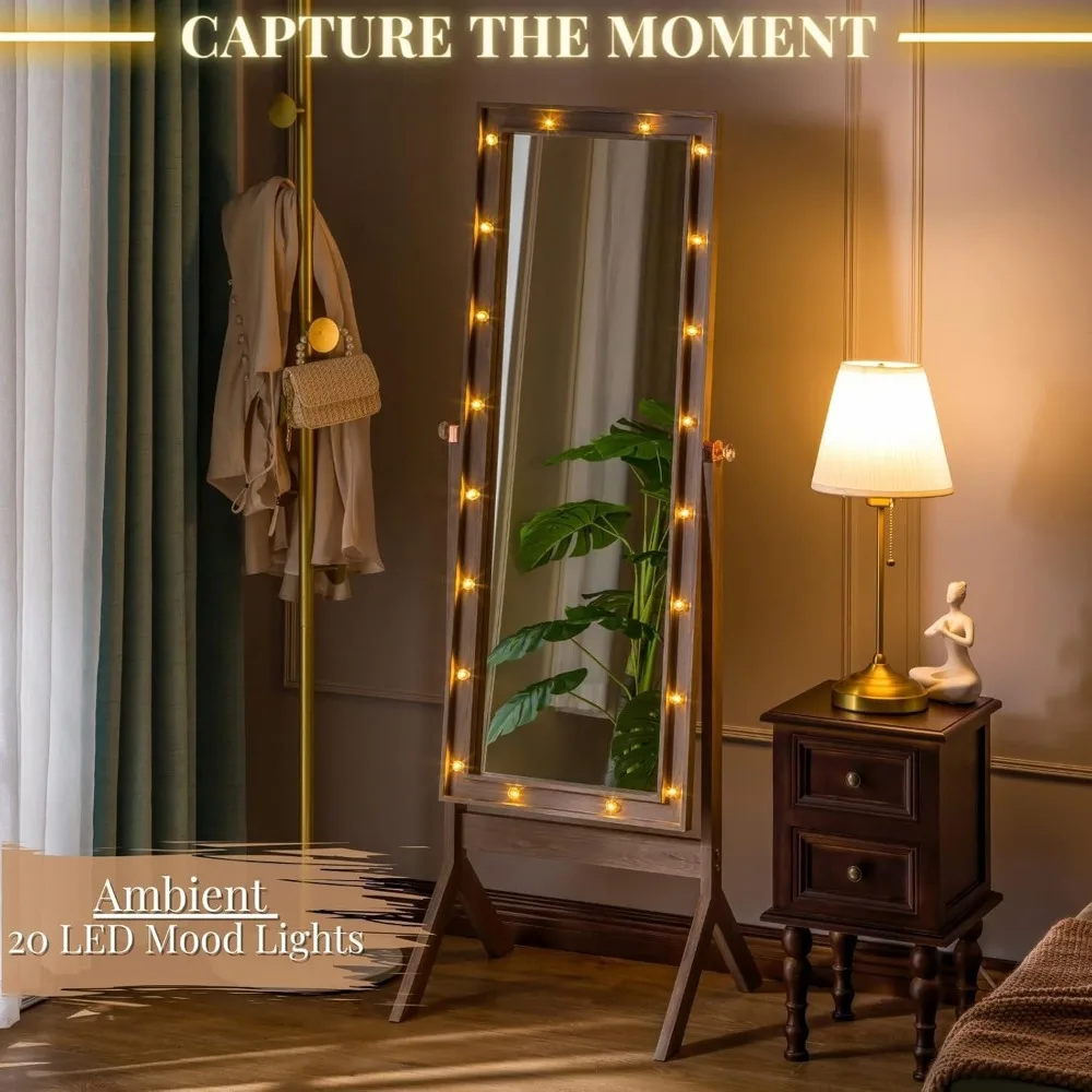 Grote vrijstaande geruite spiegel met verlichting, hoge vloerspiegel voor slaapkamer, rustieke bruine afwerking, volledige lengte spiegel met licht