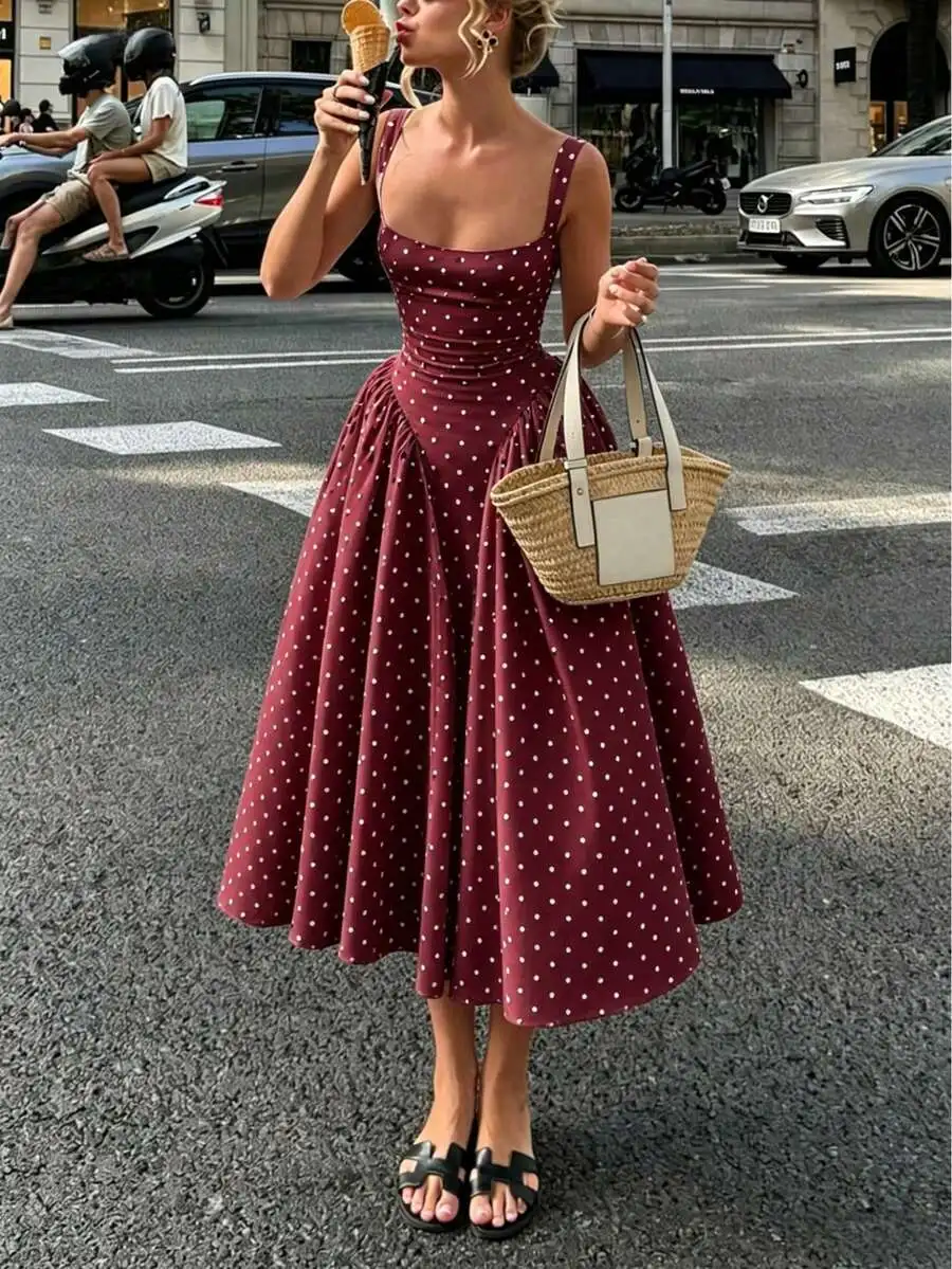

Vintage Polka Dot Square Neck A-Line Midi Dress For Women Casual Elegant