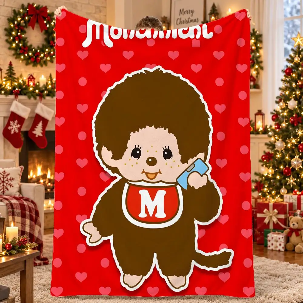 Character Monchhichi Throw Flannel Pet Blanket Cover Warm Soft Multifunctional Throw Universal  Bedsqread Holiday Gifts