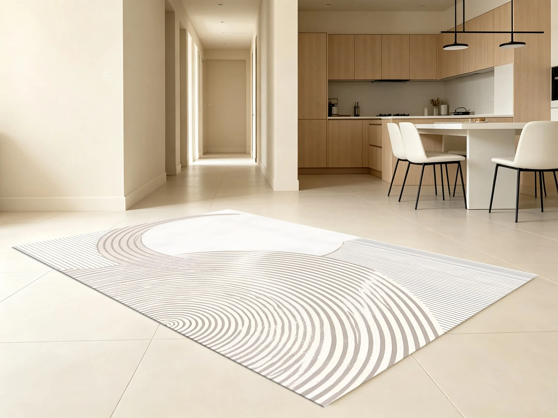 Velvet Rug Creamy White Light Brown Curved Line Minimalist Cream Style for Living Room Bedroom Decor