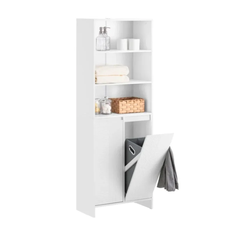 SoBuy BZR155-W Schmaler Badezimmerschrank mit Wäschekorb, Bad Hochschrank mit Türen & Regal für Badezimmer 60x30x171