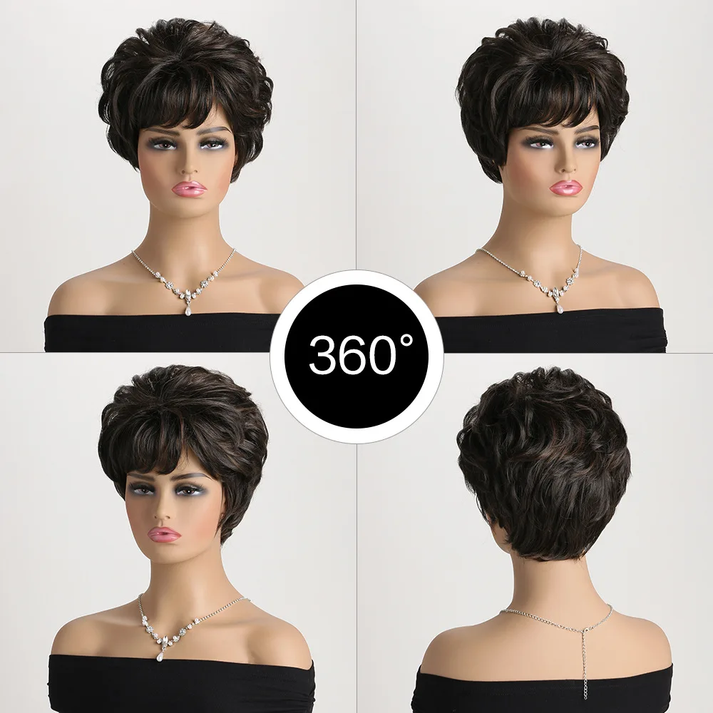 Synthetic Short Black Brown Wig Pixie Cut Curly Wigs With Bangs For Women Daily Party Heat Resistant Fake Hair