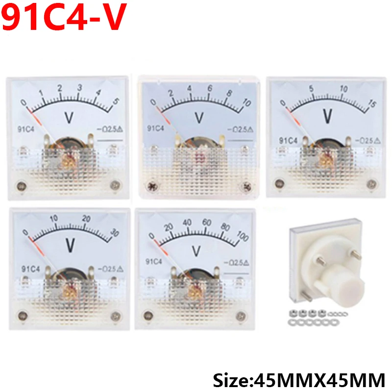 91C4-V DC Pointer type Voltage Meter 3/5/10/15/20/30/50/100/150/250/450V Analog Mechanics Plate table