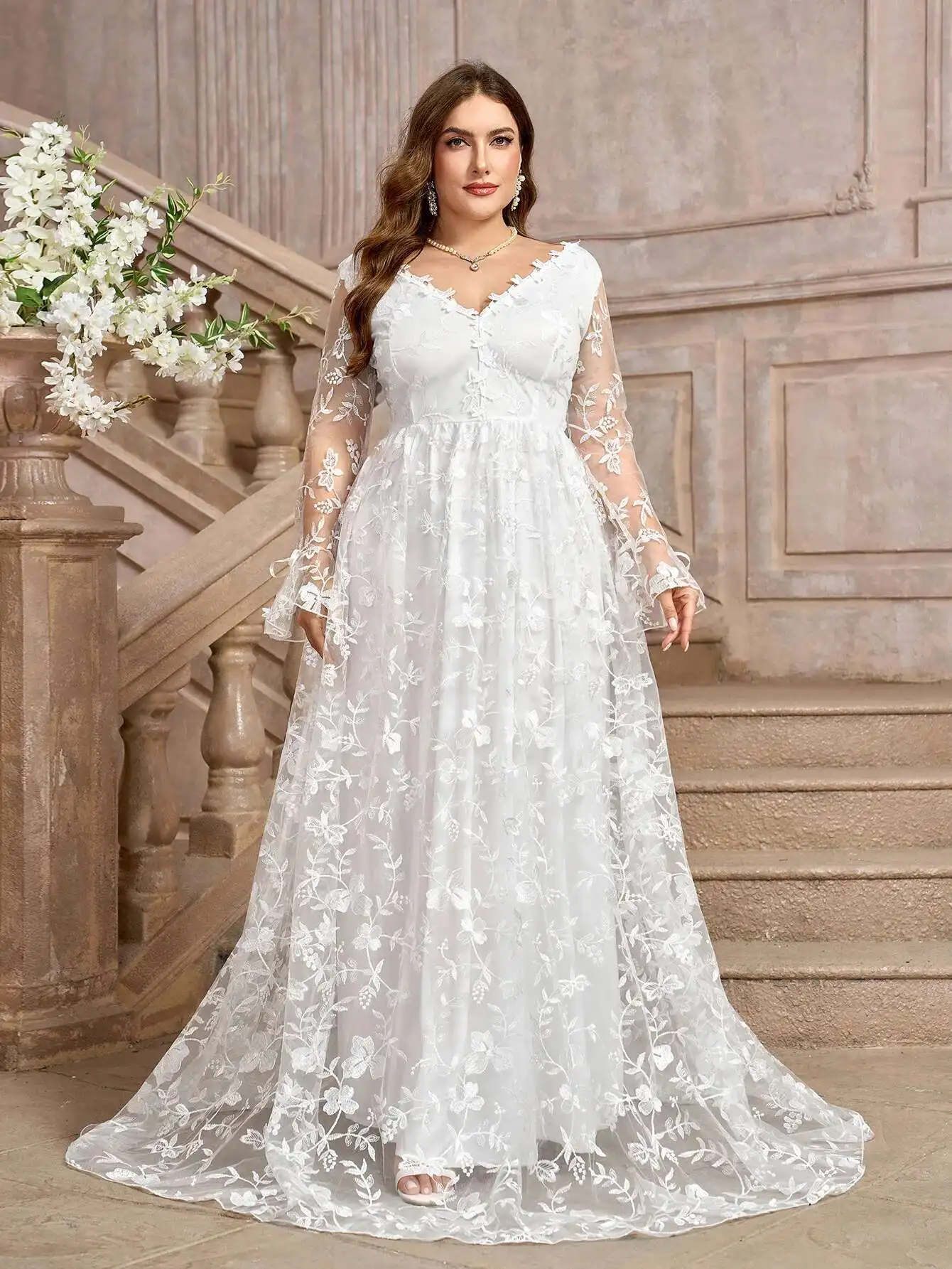

Size Large Women's Clothing New Product Long Sleeved White V-neck Wedding Dress Long Skirt Party Summer Elegantes Casual Y2k