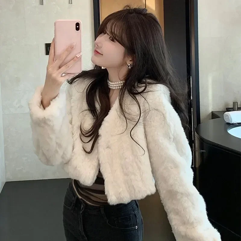 Winter White Lamb Wool Crop Tops Women Korean Elegant Long Sleeve Plush Coat Ladies Fashion Party V-Neck Faux Fur Jackets