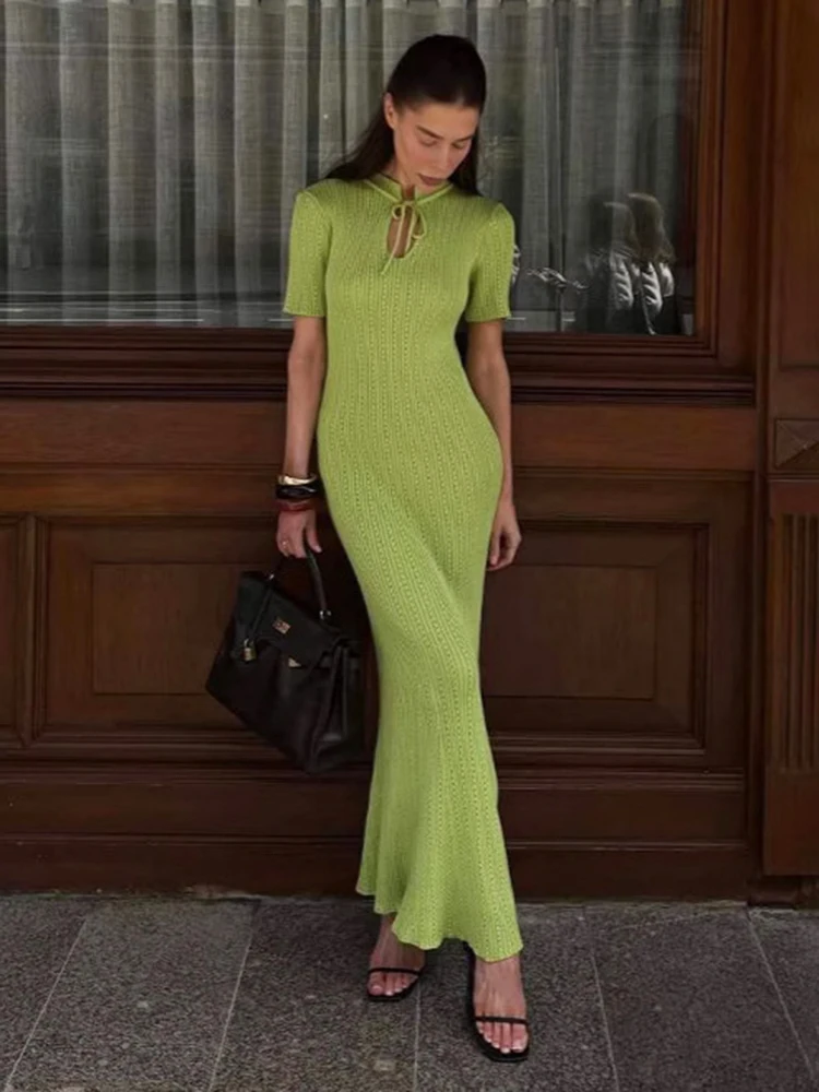 

Short Sleeve Knitted Long Dress Female Slim Hollow Retro Elegant Sweater Dress 2025 Summer New High Waist Women‘s Dress