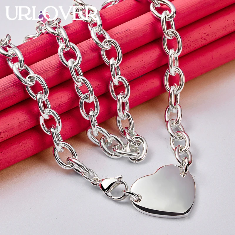 URLOVER 925 Sterling Silver 18 Inch Heart Tag Chain Pendant Necklace For Women Man Engagement Wedding Simple Fashion Jewelry