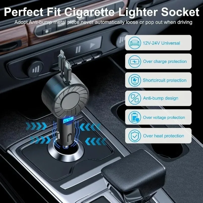 3 in 1 Car Fast Car Phone Charger Dual Retractable Cable USB Port for iPhone 16 15 14 13 12 Pro Max For Sumsung Galaxy 23 22