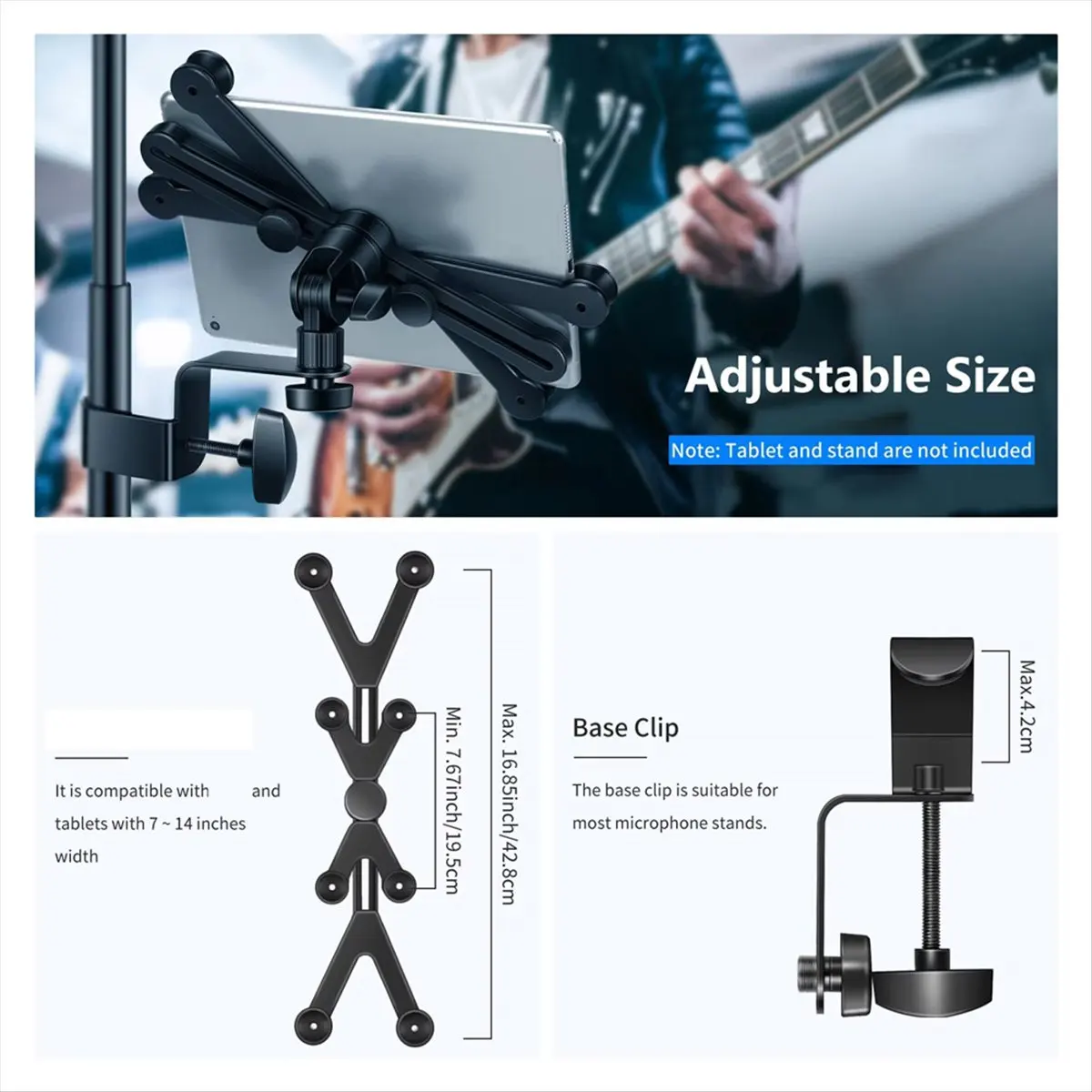 7-14 Inch Adjustable Tablet Holder Mount 360 Degree Swivel Clamp for Microphone Stand for Pro Air Mini
