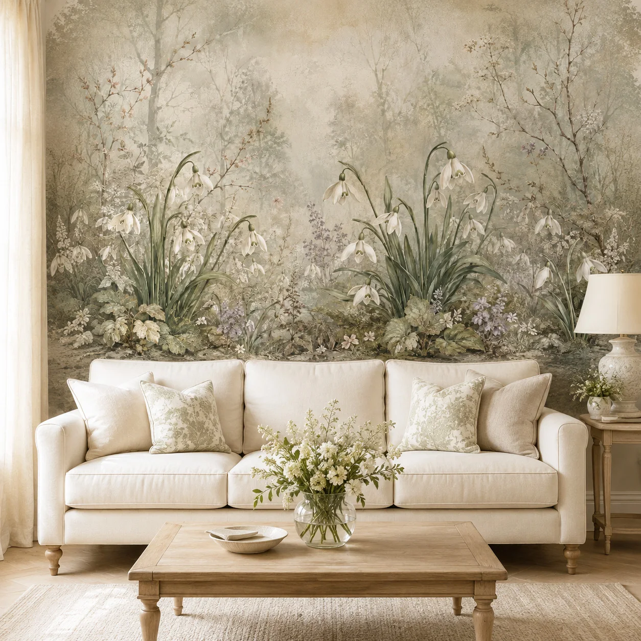 Vintage Snowdrop Floral Wallpaper Mural Beige Green Botanical Forest Wall Art Living Room Decor Non Self Adhesive Glue Required