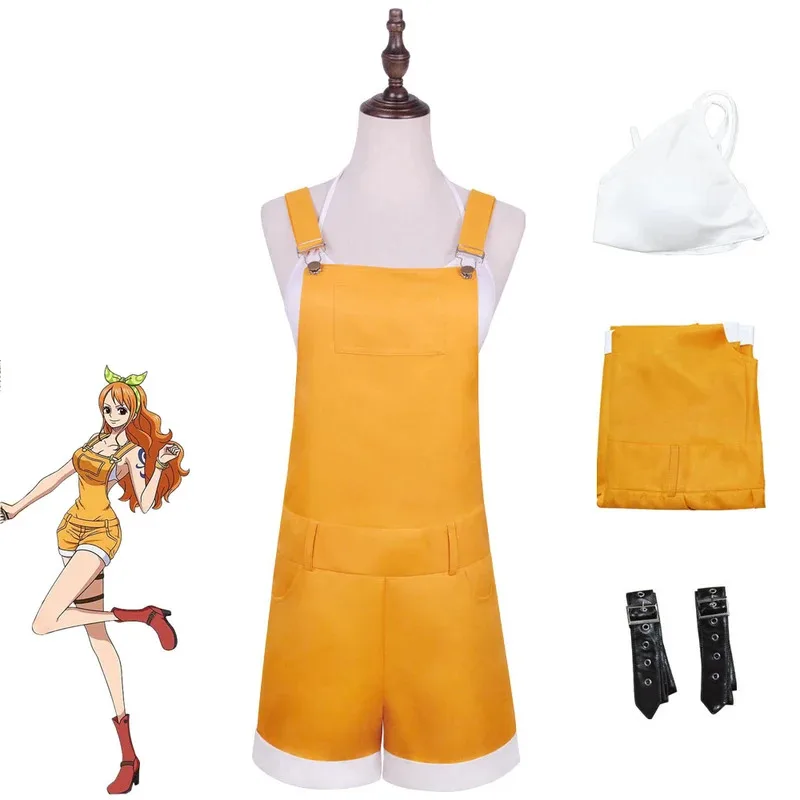 

Anime One Piece Nami Cosplay Costume Yellow Overalls Jumpsuit Woman Sleeveless Rompers Suit Party Halloween Costume