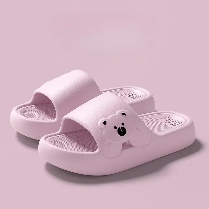 Platform Cute Bear Print Women\'s Slippers Unique Creative Non-slip Bathroom Slippers Popular Design Casual Couple Home Slippers