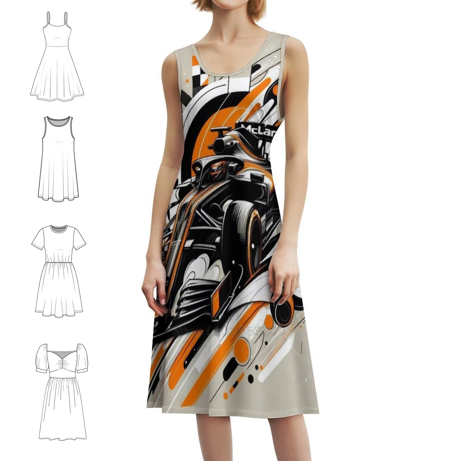 فستان سباق على الطراز الكوري للنساء فستان كاجوال أنيق للحفلات أو الارتداء اليومي فريق السباق البابايا البرتقالي والأزرق #1