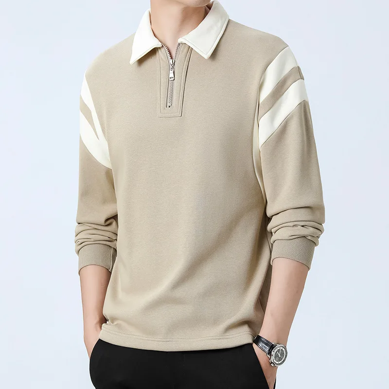 High quality sweatshirts for men long sleeve zip up collar plush lining spring autumn 2024 tending clothing - black khaki white