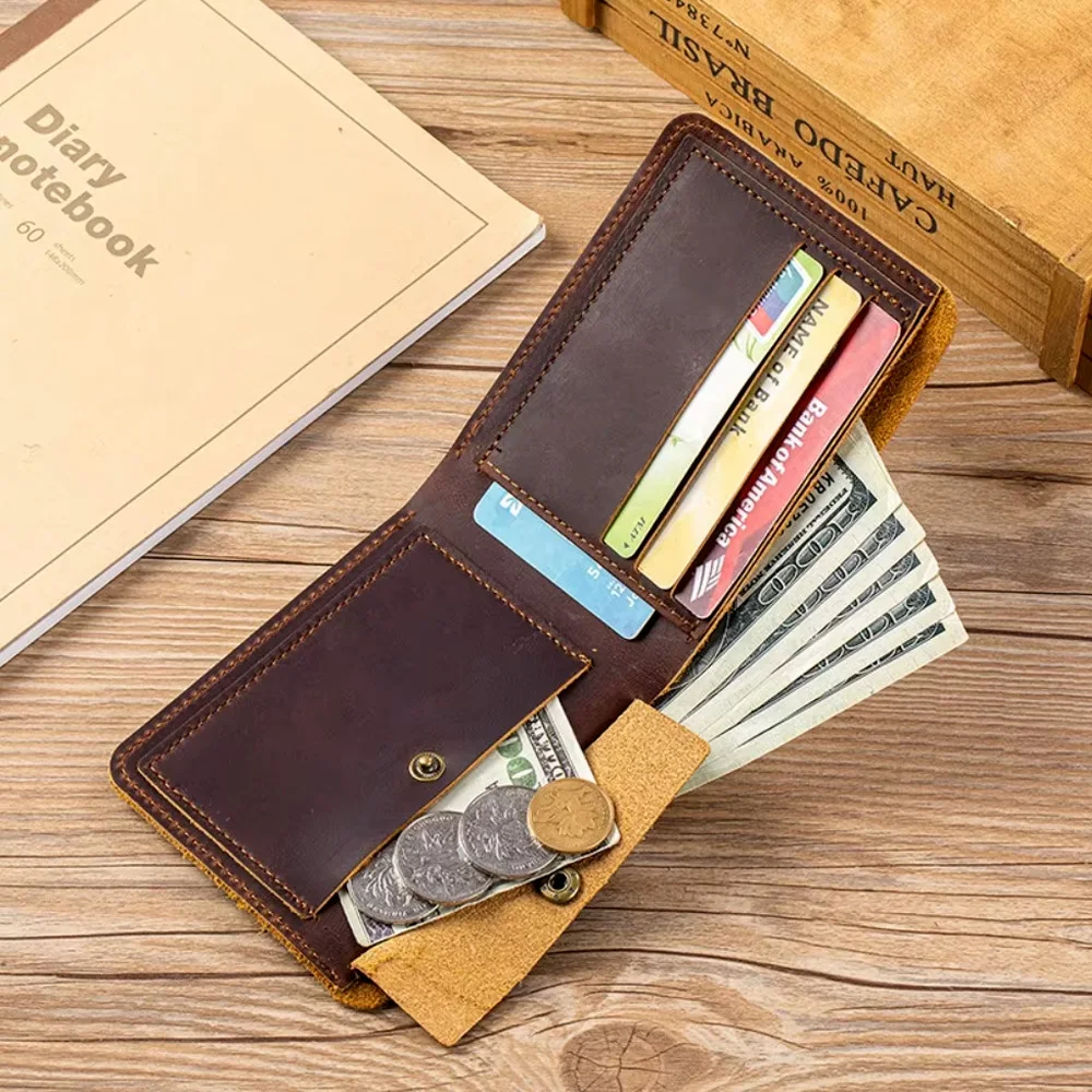 Echtes Leder Herren-Geldbörse Vintage Bifold Kurze Geldbörse Handgefertigt Crazy Horse Rindsleder Schlanker Kartenhalter Männliche Taschen-Geldbörse – Detail 5