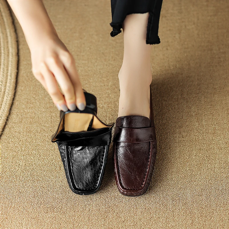 

Spring Simple Shoes Woman Basic Style Mules Girls Square Toe Mullers Casual Slippers Daily WeaReal Leather Cowhide Women Flats