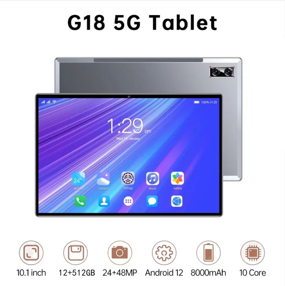 

Global Edition Tablet G18 Android12 16GB RAM 512GB ROM 10.1-inch Bluetooth5.0 5G WIFI Dual SIM Dual Standby Call Portable Tablet