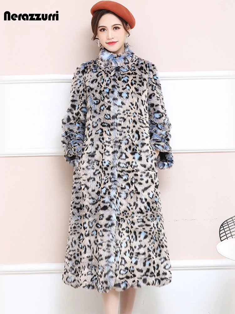 Nerazzurri Brand Winter Thick Warm Stylish Soft Faux Fur leopard Print Coat Women Long Fluffy Colorful Fur Overcoat 5xl 6xl 7xl