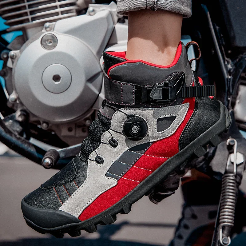 Men\'s Motorcycle Ankle Boots Motocross Racing Shoes Women Breathable Mesh Biker Boots Anti-slip Shoes Leather Motorcyclist Boots