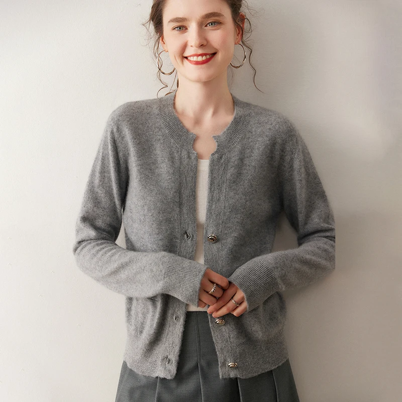 Damski sweter z kaszmiru 100%, dekolt w serek, metalowe guziki, kardigan, dzianina kaszmirowa, jesienno-zimowa, miękka, codzienna, wygodna bluzka.