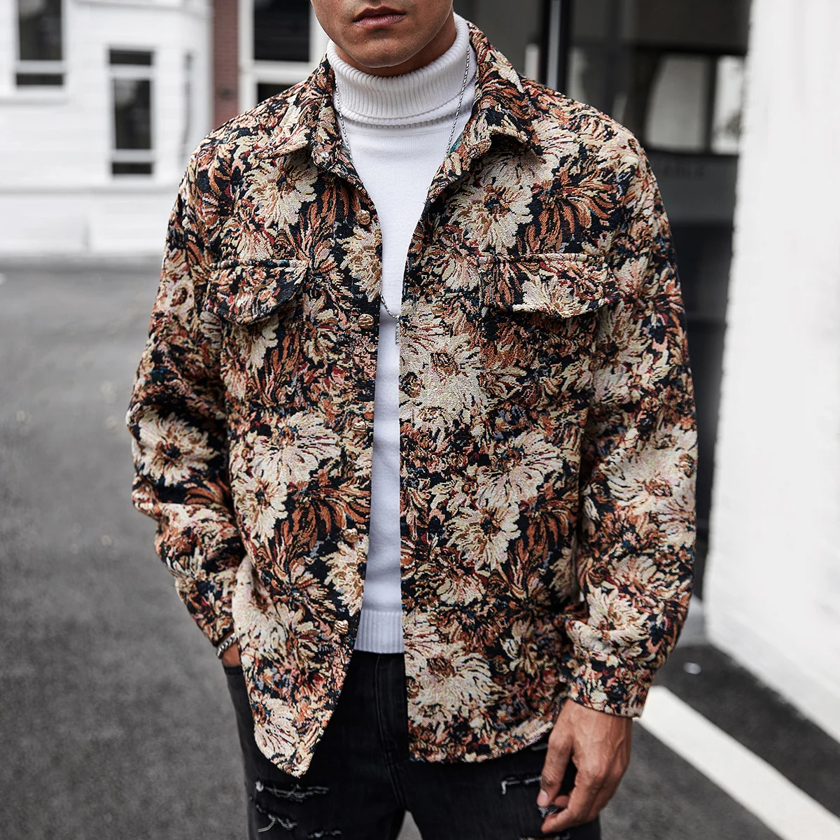 

Floral Jacket Four Seasons Floral Trendy Rose Print Men's Lightweight Jacket - Sporty Polyester Fiber