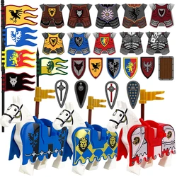 MOC Medieval Red Lion Black Eagle Castle Soldier Knight Horse Mount Building Block Military Figure Vest Armor Flag Toy Gift B036