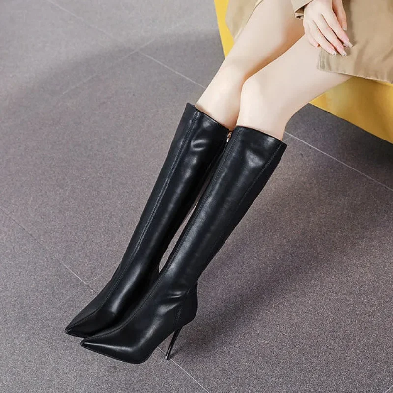 Beige Women\'s Long Boots Pointed Toe 2025 New Ladies Knee High Shaft Shoes Quality Y2k In Designer Luxury Demi-season Gyaru Rock