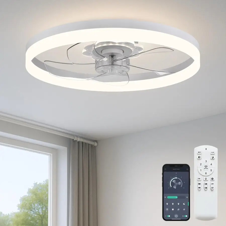 

20 u2018 u2019 Ceiling Fan with Light, Upgraded Low Profile Fan, Flush Mount Ceiling Fan, 6 Speeds, Dimmable LED, App Remote Co