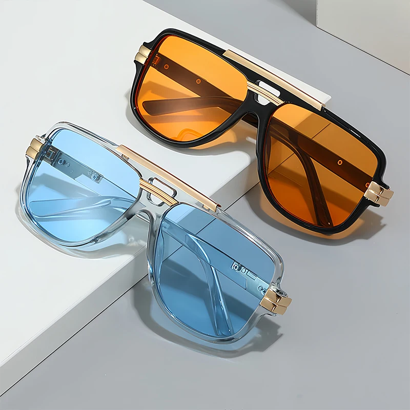 CATERSIDE Retro Square Big Frame Sunglasses Men Flat Top Double Bridge Pilot Punk Sun Glasses Women\'s Party Travel Eyewear UV400