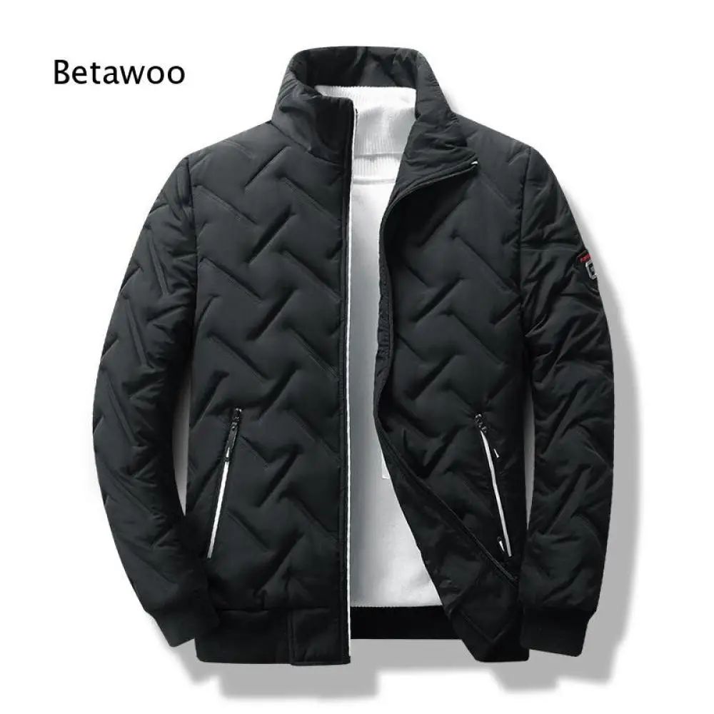 Men Stand Collar Padded Jacket Chevron Quilted Pattern Full Zip Zipper Side Pocket Outerwear for Autumn Winter Daily Casual Wear