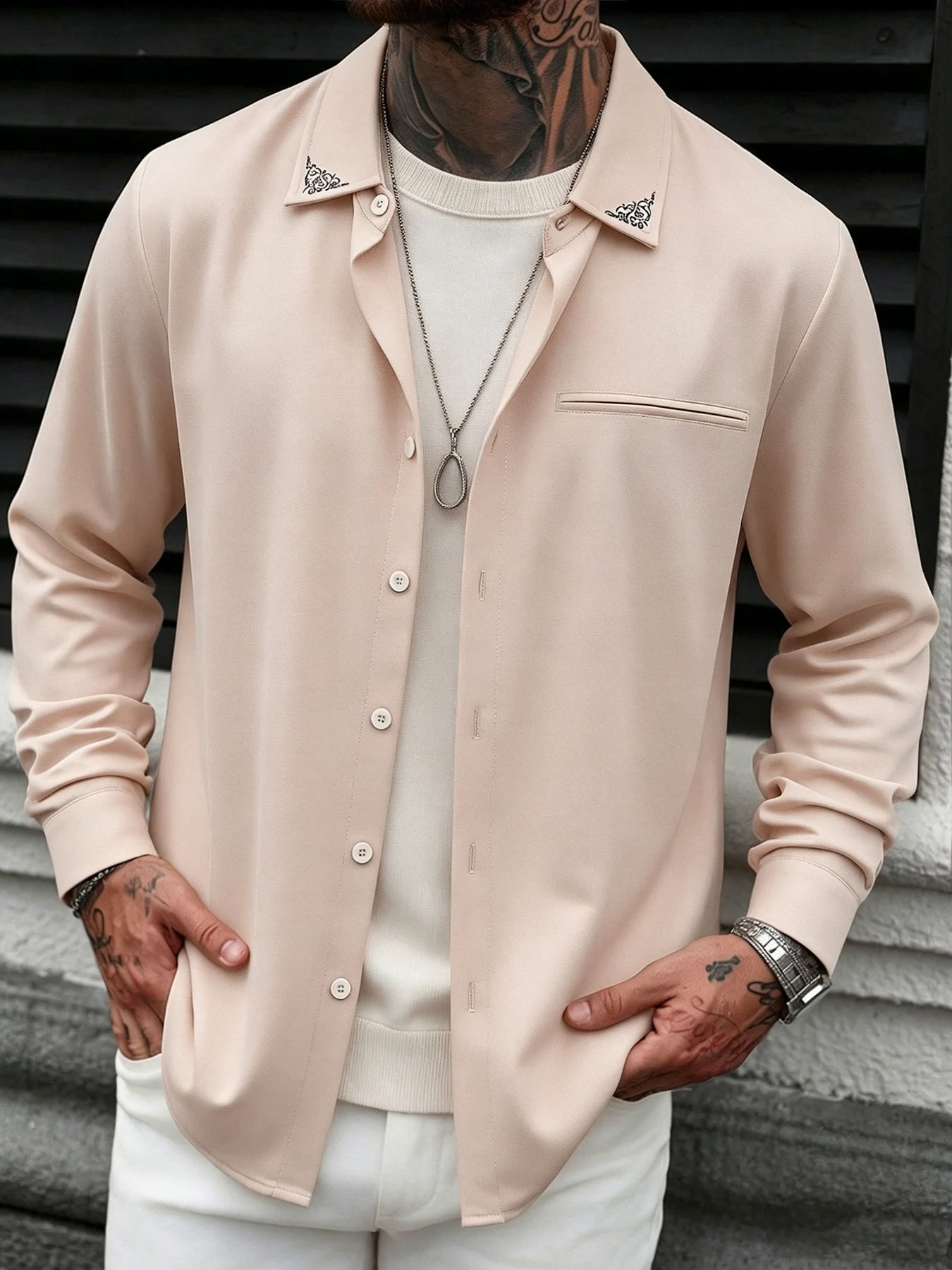 Men's Solid Beige Long-Sleeve Casual Shirt with Embroidered Collar Decoration, Lightweight Loose Fit Shirt, Versatile Long-Sleeve Top for Daily Commute and Street Style