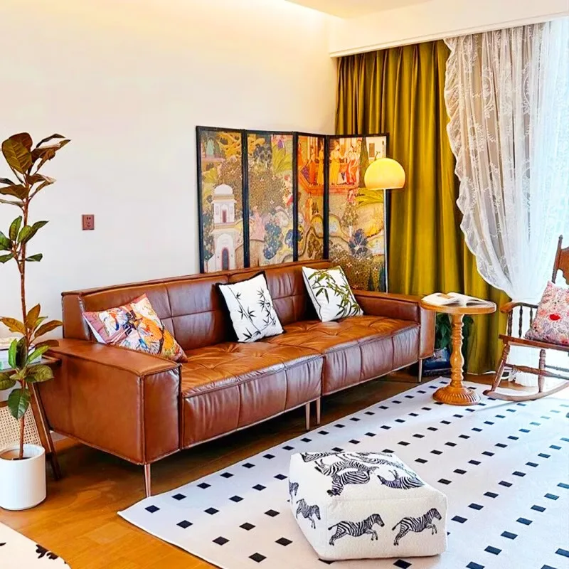 French retro oil wax leather sofa, Italian light luxury straight row cat scratching skin living room antique multi-person sofa